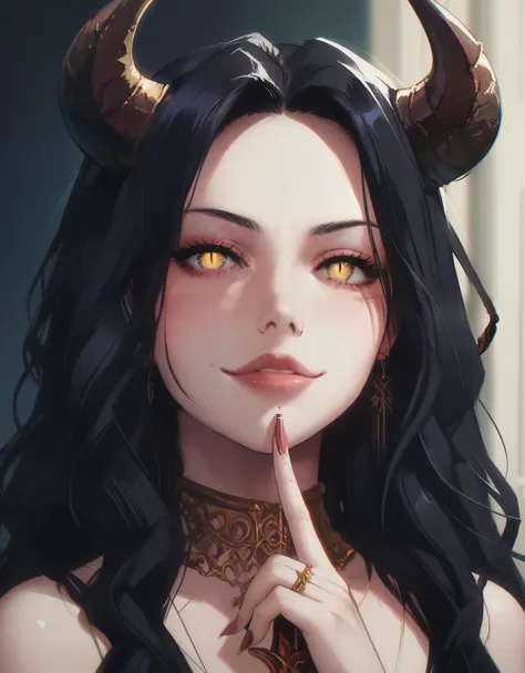 a demonic and seductive looking anime character, with black wings, long dark flowing hair, bright golden eyes, and curved horns ...