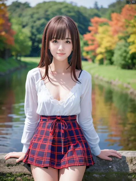 (Close up face shot of one slender small breasts very long twin-tale maroon hair with bangs between eyes girl in a long sleeves shirt and sweater and skirt:1.5)、(One girl is leaning forward with small smile on the dart road near the lake and big waterfall ...