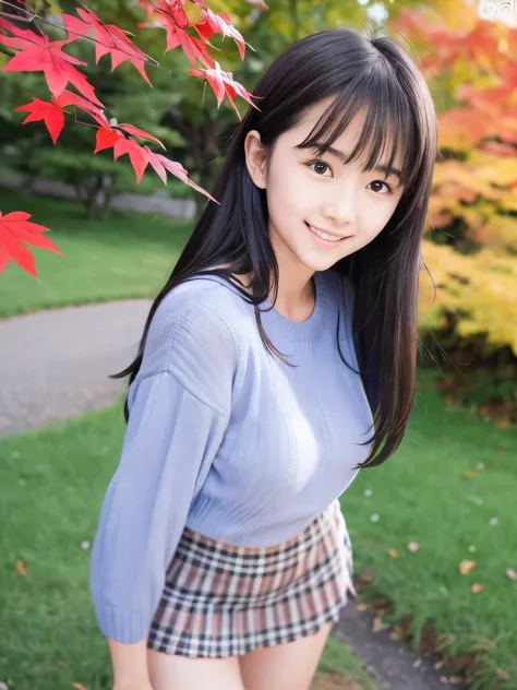 (Close up face shot of one slender small breasts half up brown long hair with bangs girl in a long sleeves shirt and sweater and skirt:1.5)、(One girl is leaning forward with happy smile on the dart road near the lake and big waterfall in Japan:1.5)、(Beauti...