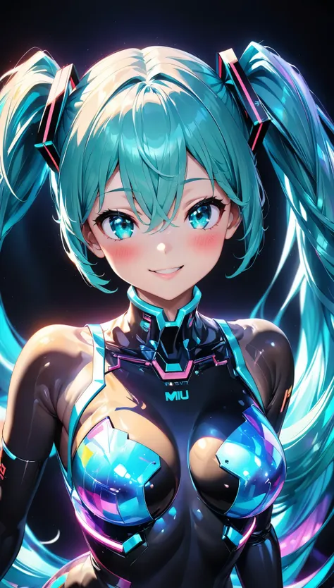 holography, draw in neon colors, beautiful cyber girl, neon hologram suit, shiny cyberpunk futuristic outfit, ((hatsune miku, aq...