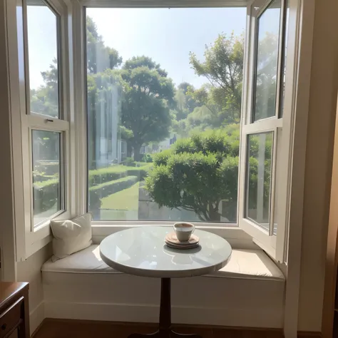 Outside the hazy morning window, there is a large stone table in front of the windowsill, with a light colored front view of the window