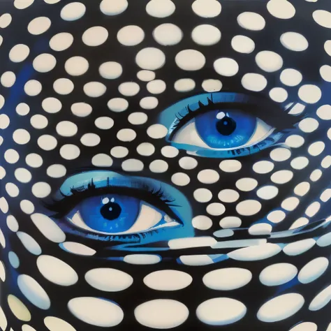 There is a painting of a woman with blue eyes wearing a polka dot dress.。, Victor Vasarely, Hypnotic Eyes, Inspired by Hiroshi Nagai, by Hiroshi Nagai, Many Eyes, Pop Art Surrealism, Rene Magritte. detailed, detailed big eyes, shusei nagaoka, Rene Magritte...