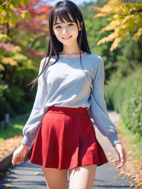 (Close up face shot of one slender small breasts dark silver long hair with swept bangs girl in a long sleeves shirt and sweater and skirt:1.5)、(One girl is dancing with happy smile on the dart road near the lake and big waterfall in Japan:1.5)、(Beautiful ...