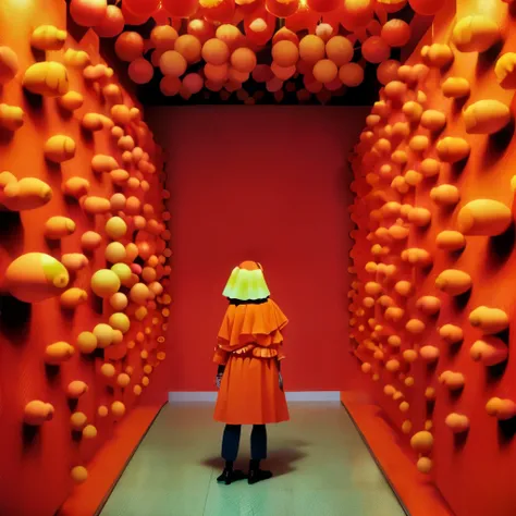 There is a woman standing in a room with an orange ball.。, by Kusama, by Yayou Kusama, by Yayoi Kusama, inspired by Kusama, by Yahoo Kusama, inspired by Yayoi Kusama, inspired by Yayou Kusama, Still from Wes Andersons movie, Stills from Wes Anderson films,...