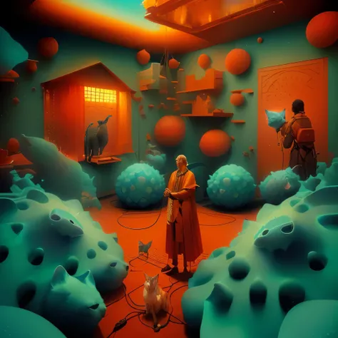 There is a man standing in a room with a dog and a cat., beeple and jean giraud, Surreal 3D rendering, Beeple and James Jean, Images from another world, Highly detailed surreal VFX, Beeple Global Illumination, Surreal Scene, Surreal concept art, Dreamy sur...