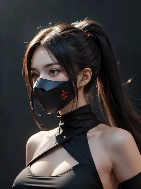 Ninja girl, hot girl, beautiful girl, ripped, hot poses, potrait, half body shot, sexy, thight, wearing a respirator