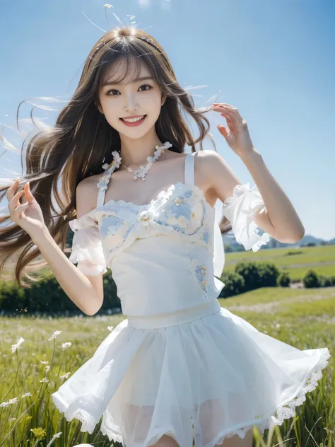 japanese female, (underweight), (medium bust best quality:1.5), 2, (cheerful grin:1.3),
tulle lace white skirt flowers and grass...