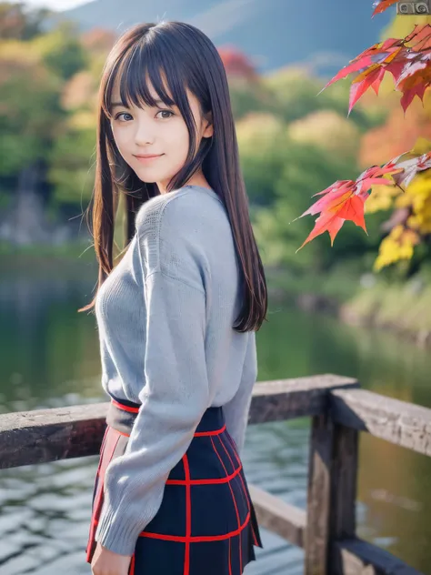 (close up face shot of one slender small breasts dark silver long hair with swept bangs girl in a long sleeves shirt and sweater...