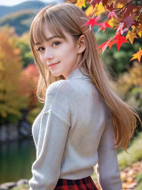 (Close up face shot of one slender small breasts half up blonde long hair with bangs girl in a long sleeves shirt and sweater and skirt:1.5)、(One blonde hair girl is dlooking back with sad smile on the dart road near the lake and big waterfall in Japan:1.5...