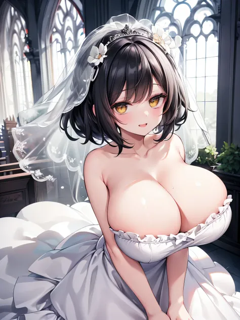 (gigantic breasts),Black Hair,Short Hair,(Two Side Up:1.1),Yellow big eyes,A very happy smile,Open your mouth wide,View Viewer,BREAK,(Pure white wedding dress,Strapless Dress,Wedding Veil:1.3),Church Background,Large stained glass,The sacred light shines,P...