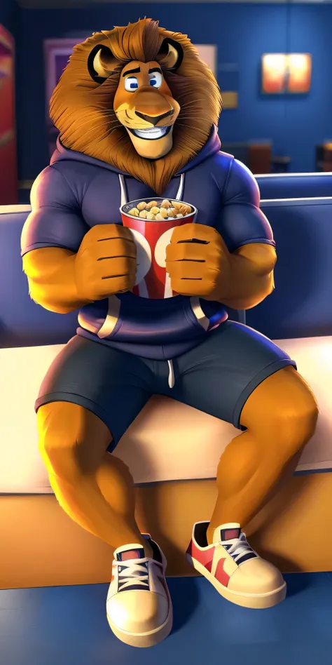 Alex the Lion, muscular body, big biceps, extremely beautiful and cute face, perfectly detailed blue eyes with perfectly detailed pupils, wears hoodies, cargo shorts, sneakers, cinema background, selfie, sitting, eating popcorn, gentle look, cute smile