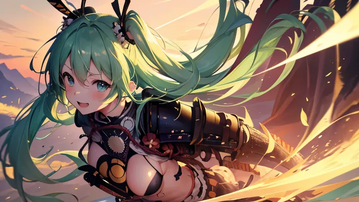 Hatsune Miku ,(((anime-style cute face)))、Highest quality、超High resolution、High resolution、Extremely detailed CG、8K Unit Wallpaper, Very smiling, (((Cute little breasts))), Beautiful and seductive,Highest quality, Best Anatomy, （(Samurai Armor:1.5)）、Big th...