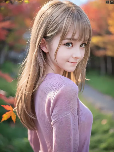 (Close up face shot of one slender small breasts half up blonde long hair with bangs girl in a long sleeves shirt and sweater and skirt:1.5)、(One blonde hair girl is dlooking back with sad smile on the dart road near the lake and big waterfall in Japan:1.5...