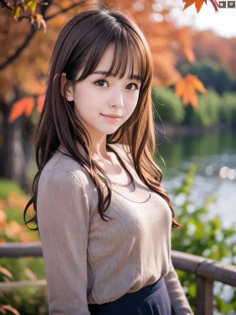 (Close up face shot of one slender small breasts red brown wavy long hair with dull bangs girl in a autumn fashion shirt and sweater and skirt:1.5)、(One girl is looking back with sad smile on the dart road near the lake and big waterfall in Japan:1.5)、(Bea...