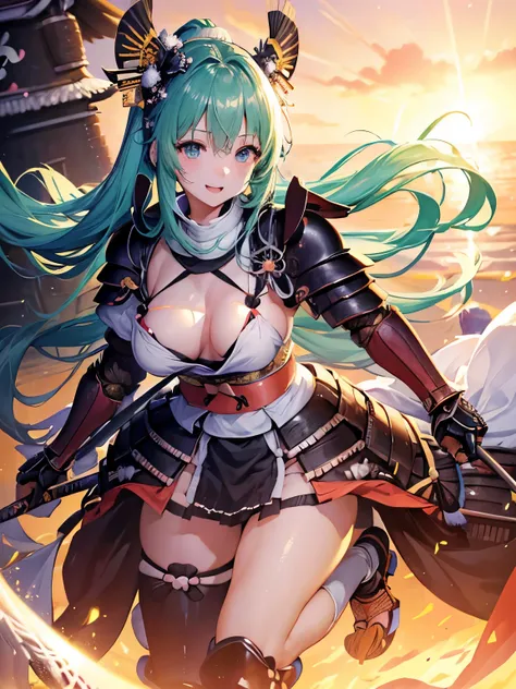 Hatsune Miku ,(((anime-style cute face)))、Highest quality、超High resolution、High resolution、Extremely detailed CG、8K Unit Wallpaper, Very smiling, (((Cute beautiful breasts))), Beautiful and seductive,Highest quality, Best Anatomy, （(Samurai Armor:1.6)）、Big...