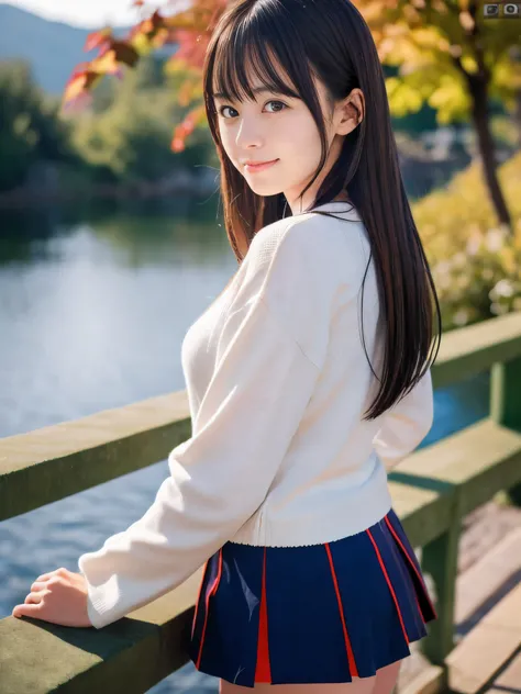 (close up face shot of one slender small breasts dark silver long hair with swept bangs girl in a long sleeves shirt and sweater...