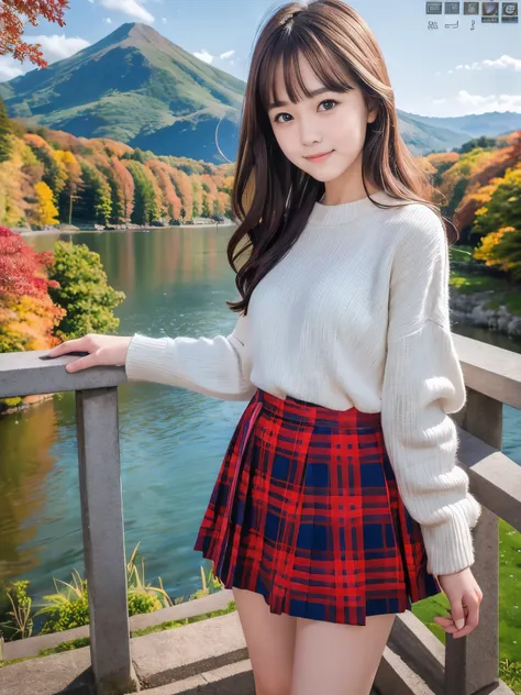 (close up face shot of one slender small breasts red brown wavy long hair with dull bangs girl in a autumn fashion shirt and swe...