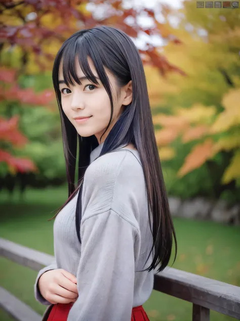 (Close up face shot of one slender small breasts dark silver long hair with swept bangs girl in a long sleeves shirt and sweater and skirt:1.5)、(One girl is looking back with sad smile on the dart road near the lake and big waterfall in Japan:1.5)、(Beautif...