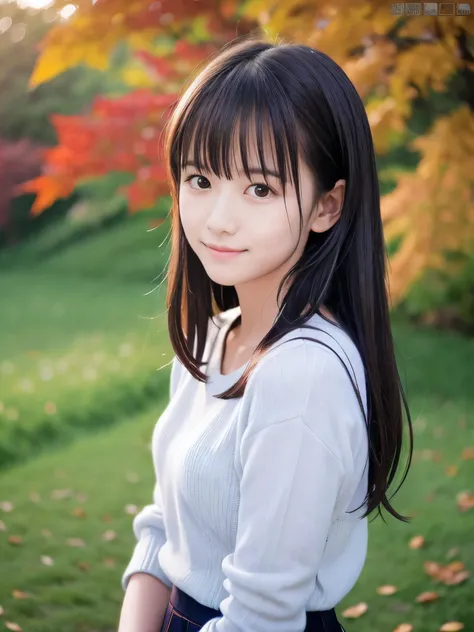 (Close up face shot of one slender small breasts half up brown long hair with bangs girl in a long sleeves shirt and sweater and skirt:1.5)、(One girl is looking back with sad smile on the dart road near the river and big waterfall in Japan:1.5)、(Beautiful ...