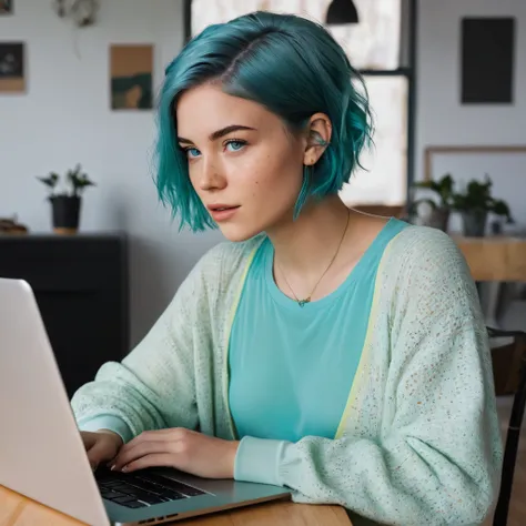 Woman 20 Years Old Nordic Ethnicity, short blue hair with a perfect face and light freckles, Blue-Green Eyes, A shot of NovaiBrew in her studio, focused on her laptop with music software open. The setting is warm and inviting, with a cup of coffee nearby. ...