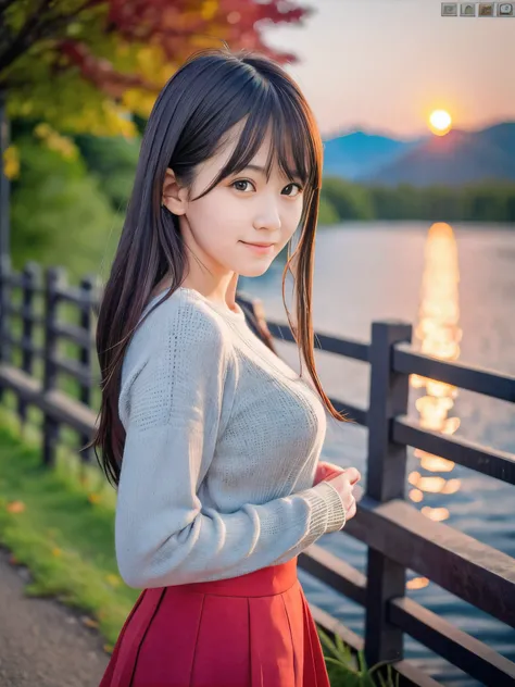 (Close up face shot of one slender small breasts dark silver long hair with swept bangs girl in a long sleeves shirt and sweater and skirt:1.5)、(One girl is looking back with sad smile on the dart road near the lake and big waterfall in Japan:1.5)、(Beautif...