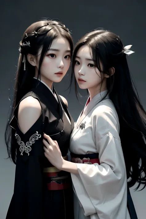 in the midst of a chaotic battlefield, two girls wearing black hanbok stand firm, their faces are engraved with determination an...