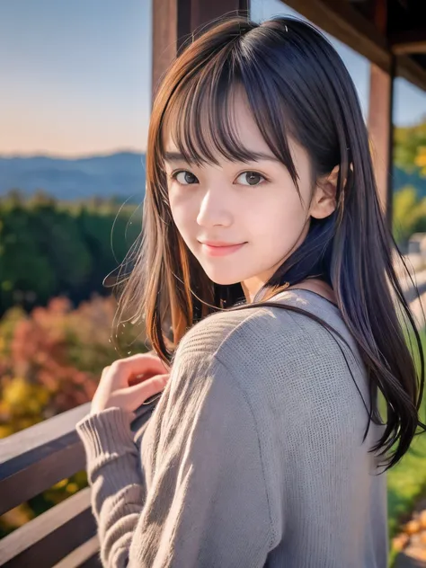 (Close up face shot of one slender small breasts dark silver long hair with swept bangs girl in a long sleeves shirt and sweater and skirt:1.5)、(One girl is looking back with sad smile on the dart road near the lake and big waterfall in Japan:1.5)、(Beautif...