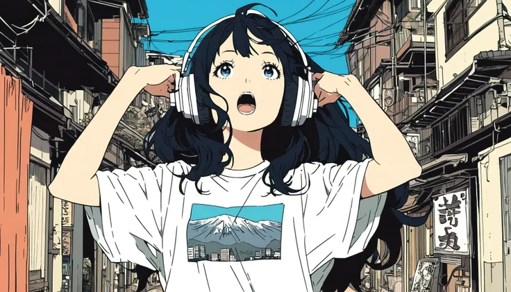 Extremely detailed 8K CG, Very detailed:1.3, Very delicate and detailed face:1.3, (Absurd, texture, masterpiece), Long hair,Pop Art, pixiv Contest Winner, by Posuka Demizu, Kyoto as background,Dynamic cartoon style illustrations,Over T-shirt.Wear headphone...