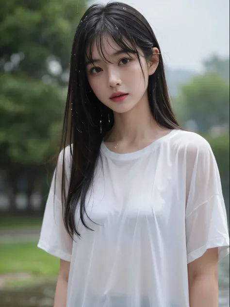 (8k, Top quality, Masterpiece:1.2), (Realistic, photo-realistic:1.37), Super detailed, perfect anatomy, cute, small eyes, 1, a Japanese, girl, heavy rain, bangs, wet hair, wet clothes, sweat body, soaking wet, rainy, storm, gloomy weather,