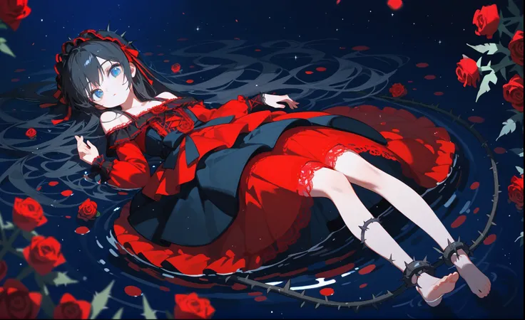 1 young girl，Lying in the water，barefoot，Black long hair，The water surface sparkles，Blue Eyes，Red roses，night，Beautiful light and shadow，Light Particles，Black and red theme Lolita，Lace skirt，Off-shoulder dress，Bow at ankle，Long skirt，diadem on the head，tho...