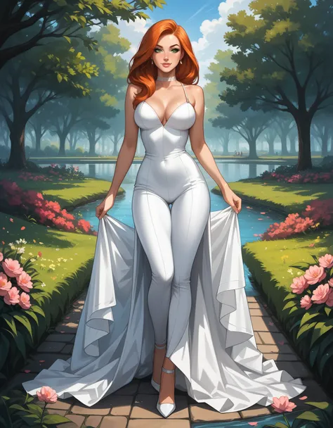 score_9, score_8_up, score_7_up, score_6_up, rating_safe, source_cartoon, BREAK beautiful Kim Possible (orange-red hair:1.1), sexy smirk, BREAK sleeveless catsuit, high heels, choker, BREAK walking in park beside pond, daytime, sunny, beautiful trees and f...