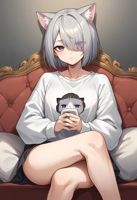 score_9, score_8_up, score_7_up, score_6_up, score_5_up, score_4_up, BREAK source_anime, one anime girl, purple eyes, gray hair, medium hair, hair covers one eye,cat ears, dark clothes, sitting on couch,