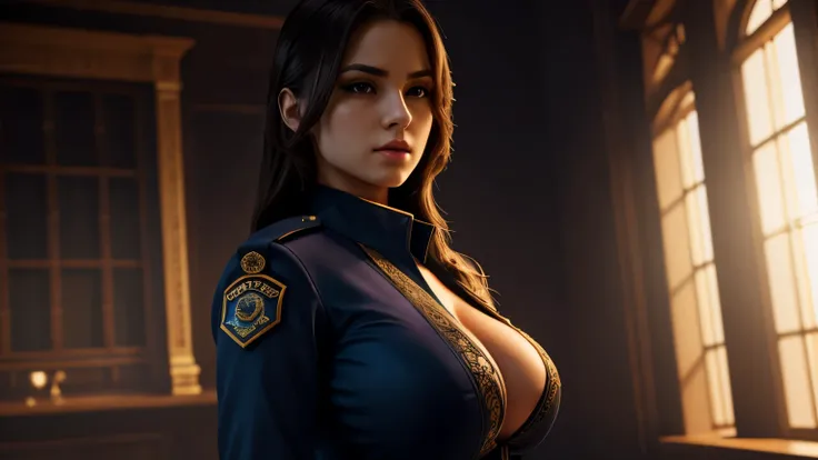 A beautiful young female officer with large breasts, intricate uniform detailing, perfect posture, piercing gaze, highly realistic, cinematic lighting, atmospheric environment, dramatic shadows, rich color palette, photorealistic, 8K, hyper-detailed
