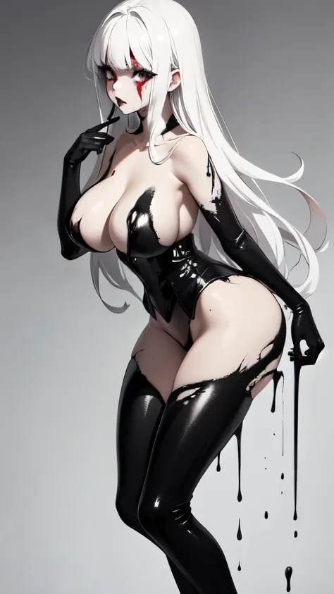  simple background, monochrome, horror (theme) there is a broken picture, black paint splatted, red blood splatted, smoked, red blood  (((anime girl character))),  long white hair, big boobies, push up boobies,  corset