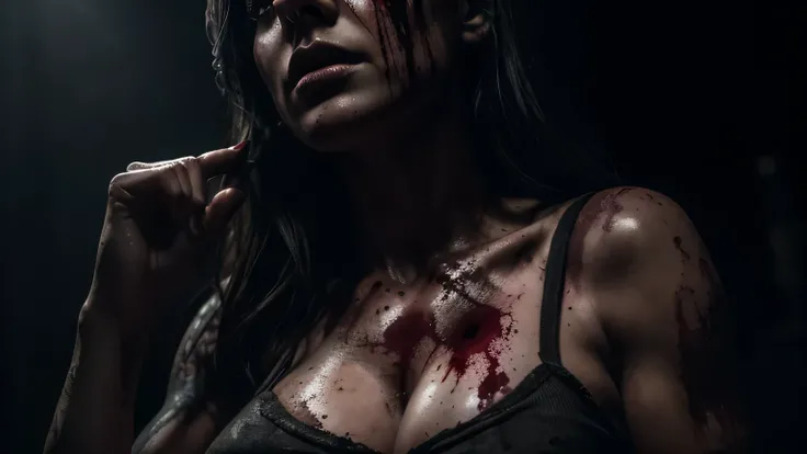 a girl with a pink tight top showing her big breasts, serial killer, beautiful detailed eyes, beautiful detailed lips, extremely detailed face, long eyelashes, blood splatter, knife in hand, dark moody lighting, dramatic shadows, grungy dirty background, (...