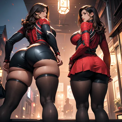 1 woman, Pretty Caucasian (female), Sarah Shahi, a slim but muscular body, huge breasts, thick thighs, dark brown messy hair, blue eyes, She wears a torn Spider-Man suit, wearing ultra micro miniskirt exposing most of her beautiful thighs、 Red and black co...