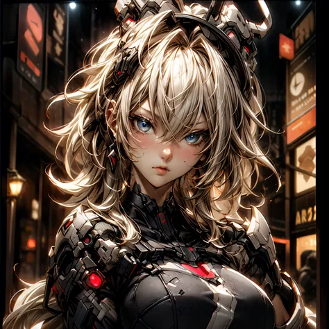 (best quality)), ((Masterpiece)), (details:1.4), 3d, HDR (high dynamic range), an image of a beautiful cyberpunk female, Hips up, cyberpunk, Fantasy, Blonde hair, Curtain Bangs, beautiful Golden eyes, จมูกโด่ง, ปากแดง, หน้าอกใหญ่, nvidia RTX, PBR surface, ...