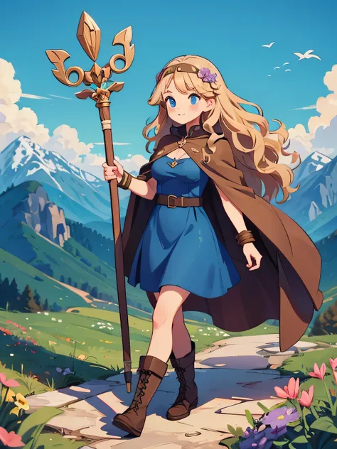 a young white woman hiking a mountain, modest breasts, wooden staff, brown cape, modest blue dress, brown boots, blue circlet, long wavy blonde hair, flower in hair, blue eyes