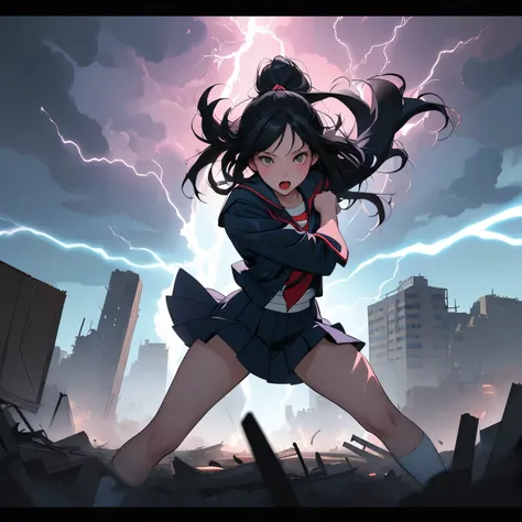 masterpiece、Bold, anime-style illustration、Dense painting、Humorous and crazy。1 high school girl、Cinematic lighting、Clench your fists、A high school girl awakens and stands up strong、Lightning strikes her、The background is a ruined city in the near future.。
