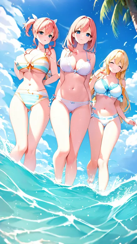 Four big breasted sisters in cute lingerie and cute bras、Pushing her huge breasts together、Cute white bra with ribbon、White and light blue checkered bra、Cute orange bra、White underwear with cute ribbon、White and light blue striped pants、Cute orange underwe...