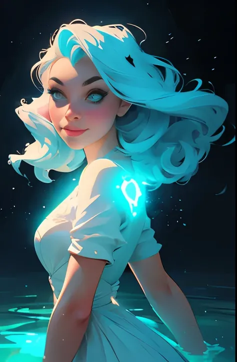 a woman in a white dress standing in a stream of water, glowing water, glowing with magic, charlie bowater art style, glowing aura around her, there is a glow coming from her, kilian eng vibrant colors, beautiful illustration, by Kilian Eng, magically glow...