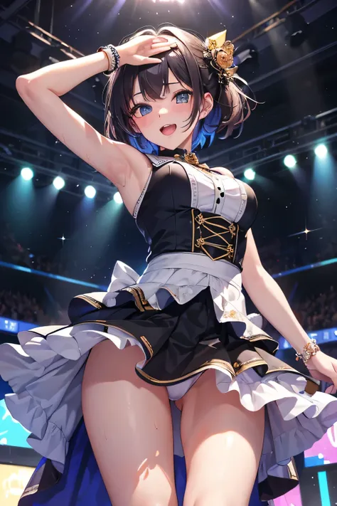 master piece,best quality,ultra-detailed,1girl,16yo,(from below:1.3),(close up:1.2),(heavy dancing:1.2),(sweat:0.9),alter,idol costume,sleeveless,open mouth,(smile:0.9),slim body