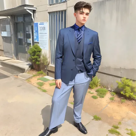 there is a man standing in front of a building wearing a suit, around 1 , full body picture, he is about 2 0 years old, he is about 20 years old, very very low quality picture, background is heavenly, with a cool pose, he is about 2 , album photo, taken in...