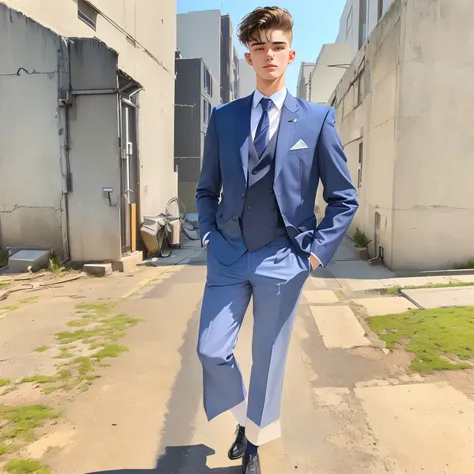 there is a man standing in front of a building wearing a suit, around 1 , full body picture, he is about 2 0 years old, he is about 20 years old, very very low quality picture, background is heavenly, with a cool pose, he is about 2 , album photo, taken in...