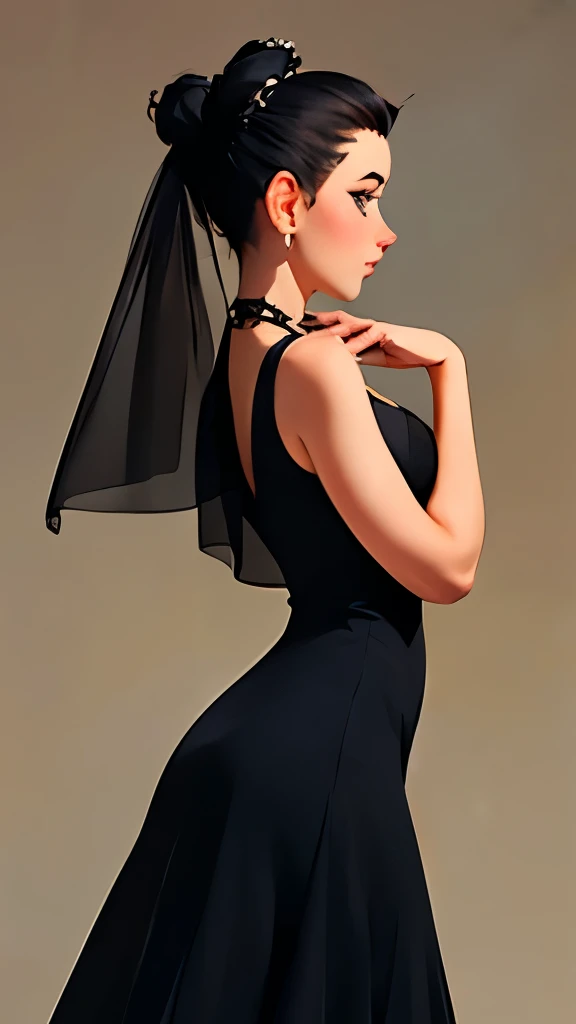 araffe woman in a black dress and veil with a black purse, stunning elegant pose, cute elegant pose, elegant profile pose, looks like audrey hepburn, black dress, dressed in black, black gown, elegant posed, an elegant woman in black dress, stunning elegan...