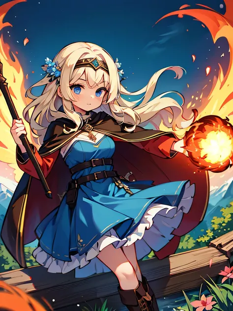 a young white woman on a mountain shooting a fireball, modest breasts, wooden staff, brown cape, modest blue dress, brown boots, blue circlet, long wavy blonde hair, flower in hair, blue eyes