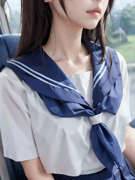 Masterpiece、Highest quality、lower body focus、Super detailed、Only from the neck down 画面いっぱいのSailor suit、Sailor suitが近い、Head is cut off Japanese school girl uniform、Sailor suit、紺色のSailor suit、Pleated skirt、Navy Blue Skirt、Long skirt Soft thighs from the neck...