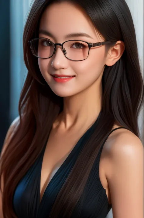 A 16k realistic portrait masterpiece, realistic soft detailed lines, highest resolution, every detail, meticulousness, depth of field, bright colors, beautiful composition: a girl Teenage girl wearing glasses smiling happily, light makeup with black hair a...