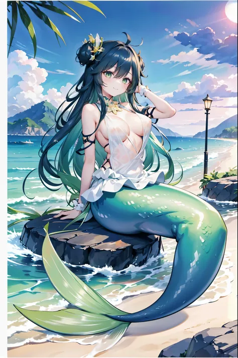 masterpiece, best quality,(Full fingers),A girl,Large Breasts,Mermaid,浅绿色的Mermaid尾巴,Head fin,full-body shot,beach,Sea view,Sitting on the beach,charming脸(Kawaii, charming,Soft),Smile