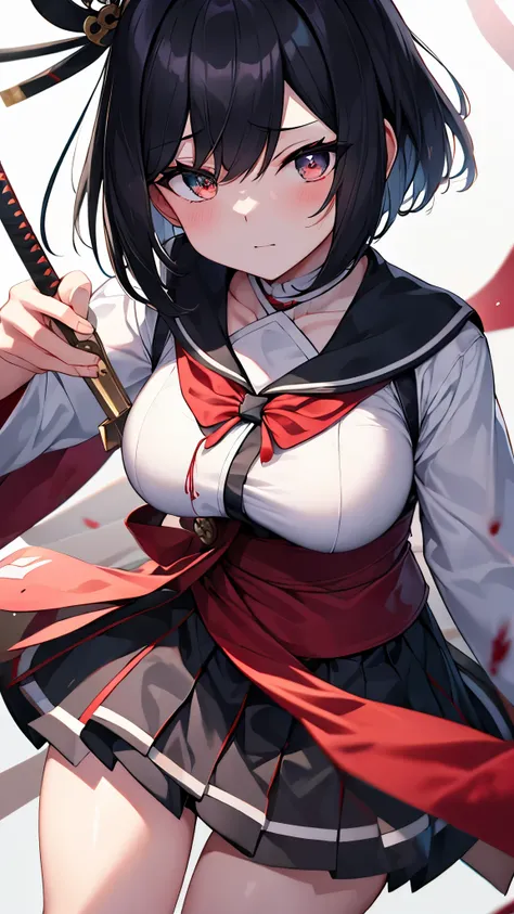 Two-Way、Japanese sword、Heavy bleeding、a large amount of fresh blood、schoolgirl、Black short bob、White sash and big breasts